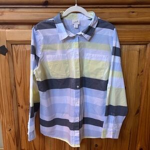 Jaclyn Smith Top Button Up Blue White Yellow Stripe 100% Cotton Women's Large